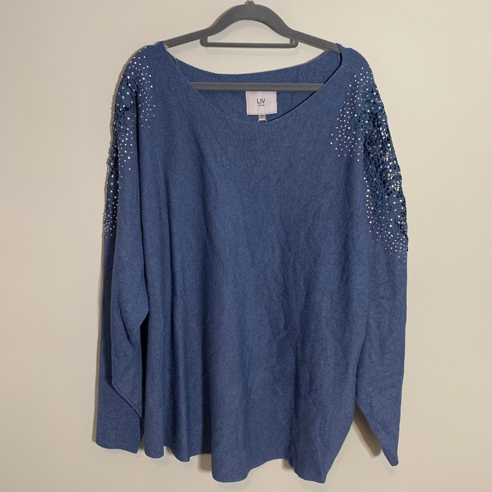 NEW LIV Milano Blue Embellished Knit Sweater Top Plus Size‎ 3X Long Sleeve